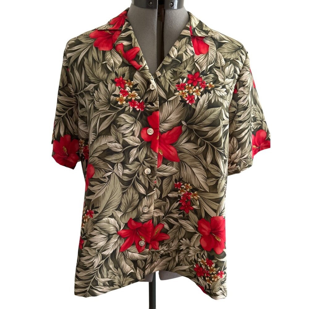 Vtg BonWorth Floral Short Sleeve Button-Up Shirt S Petite  Green & Red Tropical